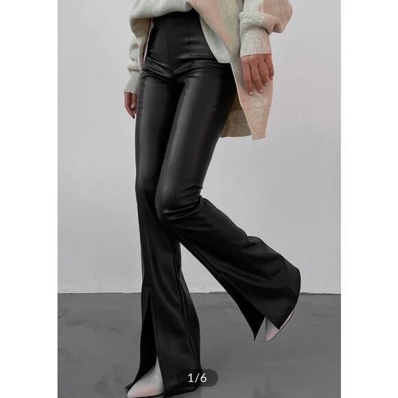 Commense Black Faux Leather High Waist Kick Flair Pants - M - Picture 1 of 8